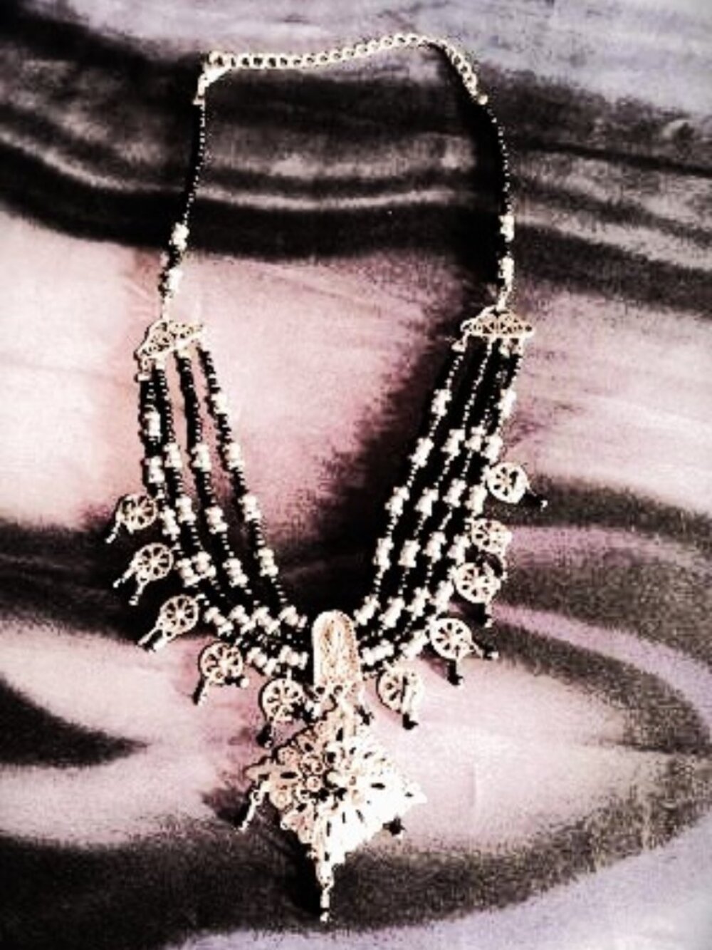 Vintage black & silver-toned adjustable multi-strand beaded necklace